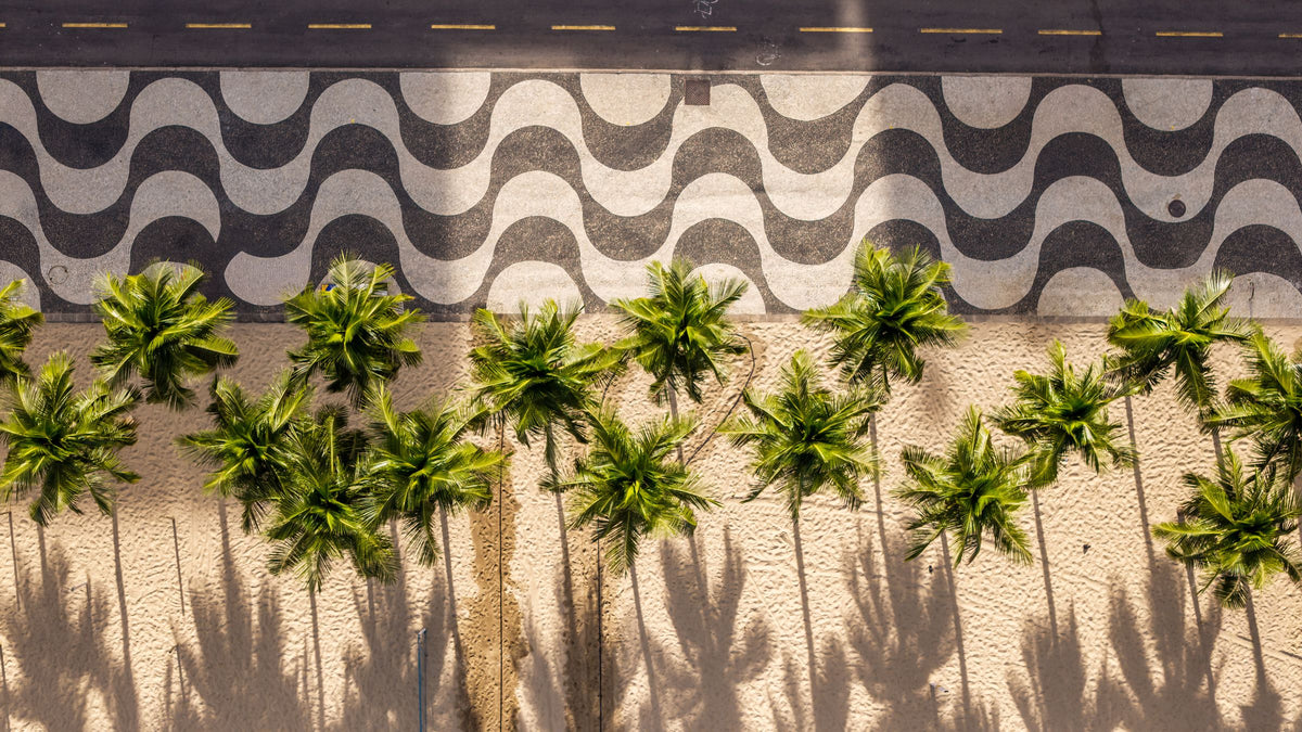 Promenade en vagues de Copacabana et palmiers vus du ciel